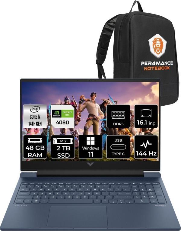 Hp Victus 16  İ7-14700Hx 48Gb Ram 2Tb Ssd Rtx4060/8Gb 144Hz 16.1 Fhd W11Pro 9J235Ea & Per4 Çanta - Image 1