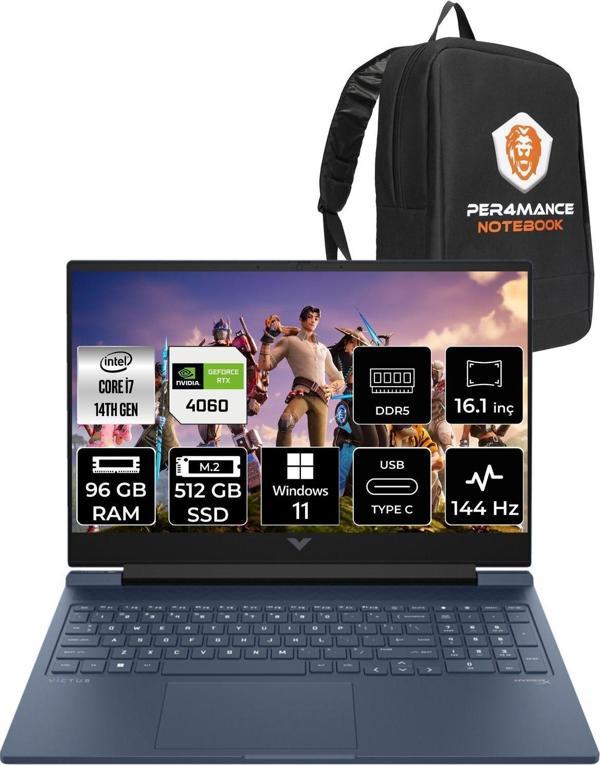Hp Victus 16  İ7-14700Hx 96Gb Ram 512Gb Ssd Rtx4060/8Gb 144Hz 16.1 Fhd W11Pro 9J235Ea & Per4 Çanta - Image 1