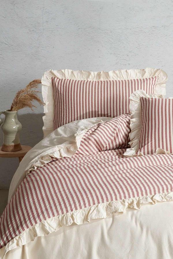 Sister Home Design Kırmızı Bej % 100 Pamuk Fırfırlı Çift Kişilik Nevresim Takımı - Image 1