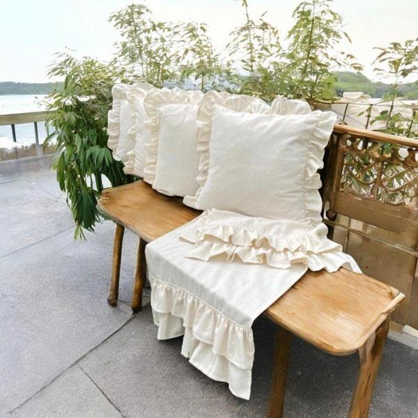 Sister Home Design Keten Bohem Fırfırlı Vintage 4 Kare Yastık Kılıfı Ve 1 Çift Kat Fırfırlı Runner Set - Image 1