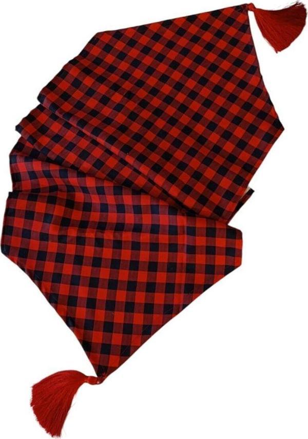 Sister Home Design Kırmızı Siyah Pötikare, Dama, Buffalo Desen Üçgen Püsküllü Ranır - Runner - Image 1