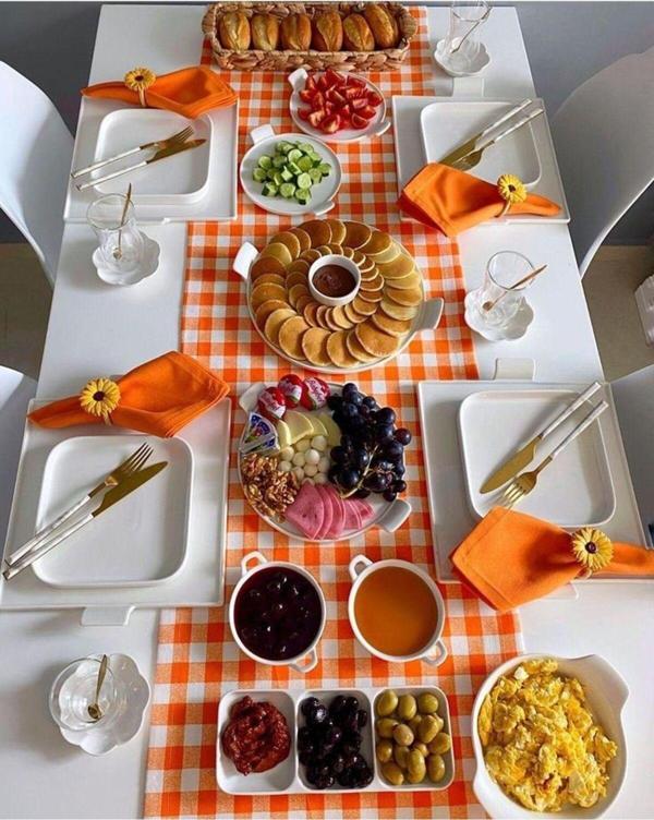 Sister Home Design Turuncu Beyaz Pötikare, Ekose, Damalı Runner, Servis Örtüsü - Image 1