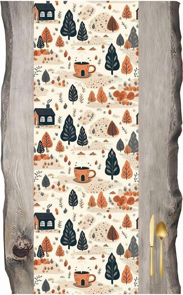 Sister Home Design Sonbahar Serisi Krem Taban Ağaçlar Ve Evler Ranır- Runner 45 X 140 Cm - Image 1