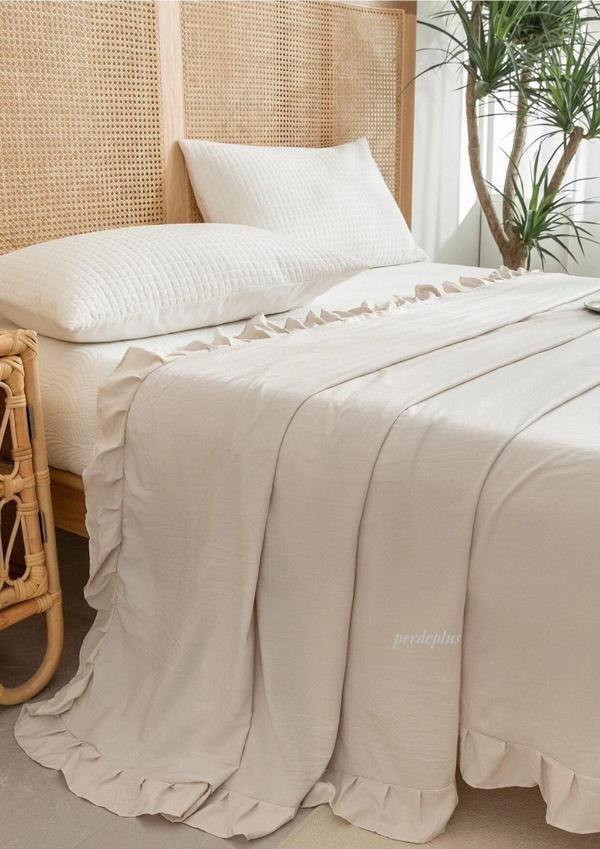 Sister Home Design Buldan Keten Yatak Örtüsü, Pamuklu Keten, Fırfırlı Bej - Image 1