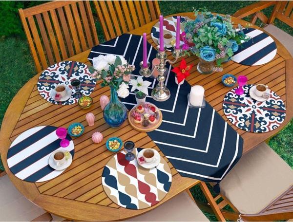 Sister Home Design Ikat Lacivert Püsküllü Runner Ve Yuvarlak Servis Altlığı & Supla Seti - Image 1