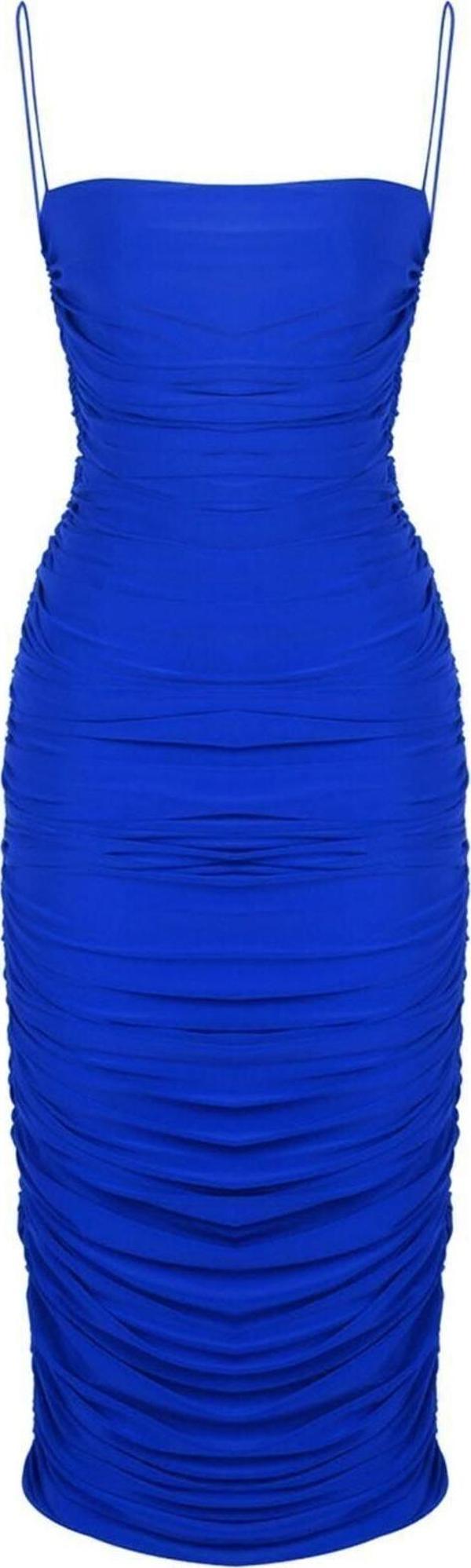 Kadın Saks Mavisi Asılı Büzgülü Drapeli Midi Elbise - Image 1