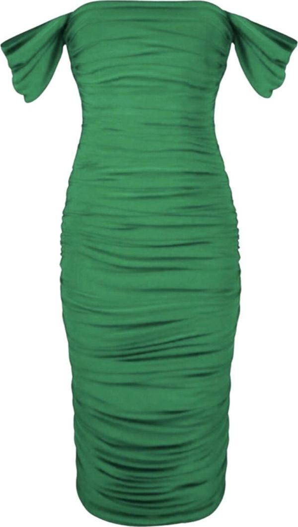 Kadın Yeşil Drapeli Düşük Omuzlu Abiye Elbise - Image 1