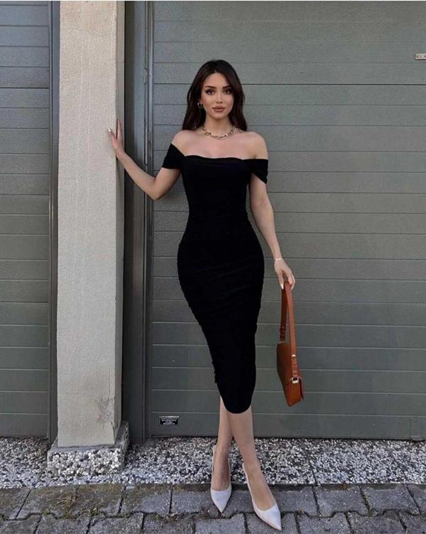 Bss Kadın Siyah Kollu Büzgülü Drapeli Astarlı Midi Elbise - Image 1