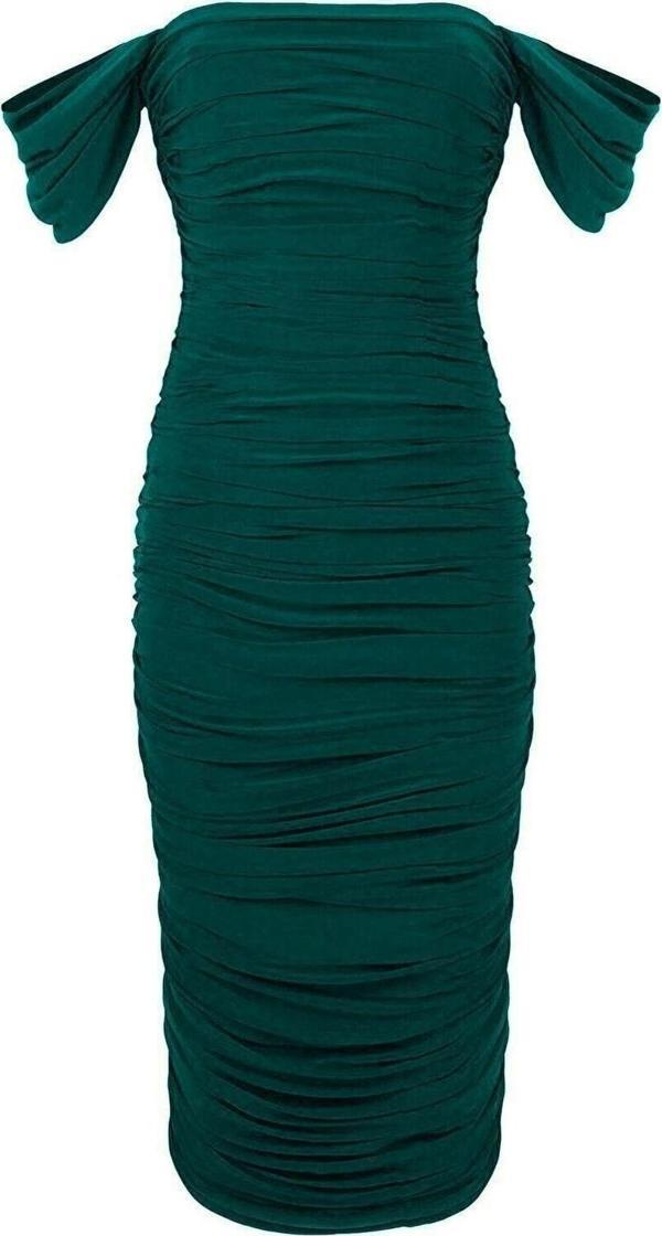 Kadın Zümrüt Drapeli Düşük Omuzlu Abiye Elbise - Image 1