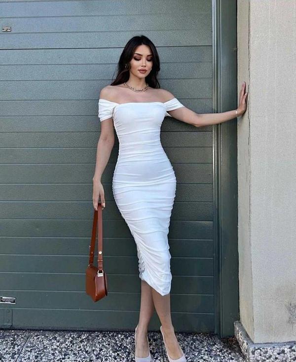 Bss Beyaz Kollu Midi Toparlayıcı Etkili Drapeli Kadın Abiye Elbise Düğün Mezuniyet Özel Gün Kıyafeti - Image 1