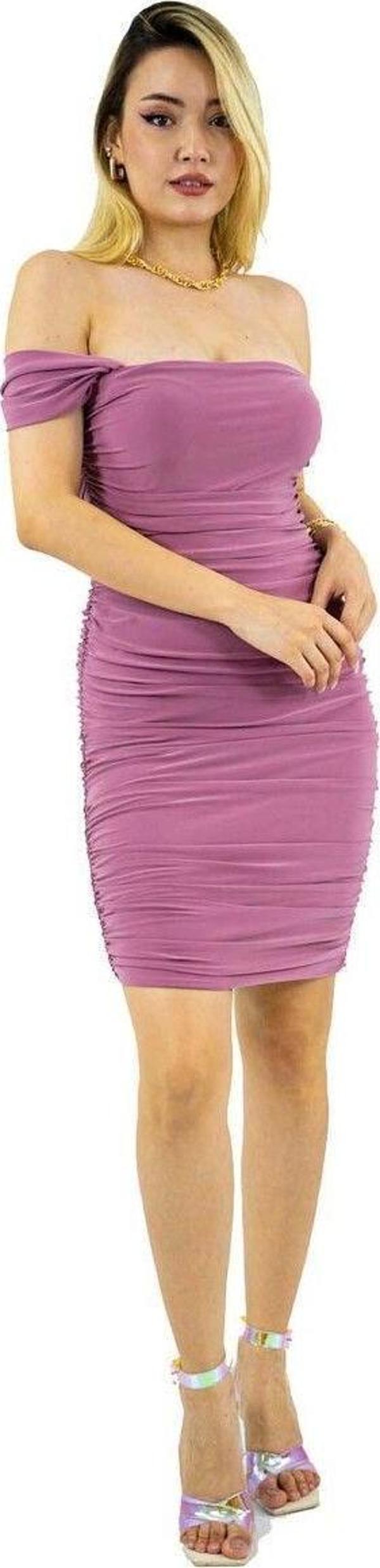 Pudra Kollu Midi Toparlayıcı Etkili Drapeli Kadın Abiye Elbise Düğün Mezuniyet Özel Gün Kıyafeti - Image 1