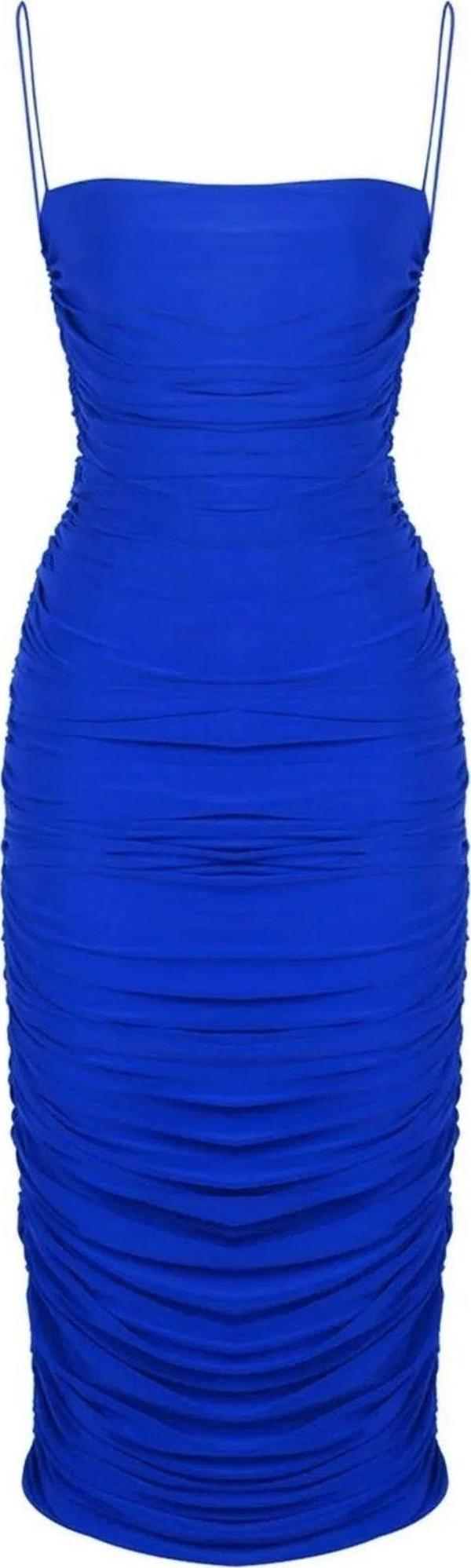 Sail Kadın Saks Mavi Askılı Degajeli Drapeli Midi Elbise - Image 1