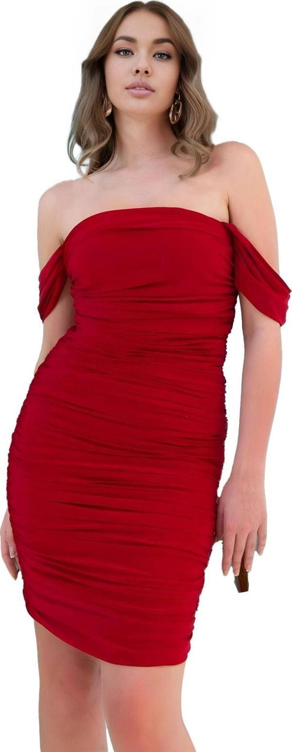 Kırmızı Kollu Midi Toparlayıcı Etkili Drapeli Kadın Abiye Elbise Düğün Mezuniyet Özel Gün Kıyafeti - Image 1