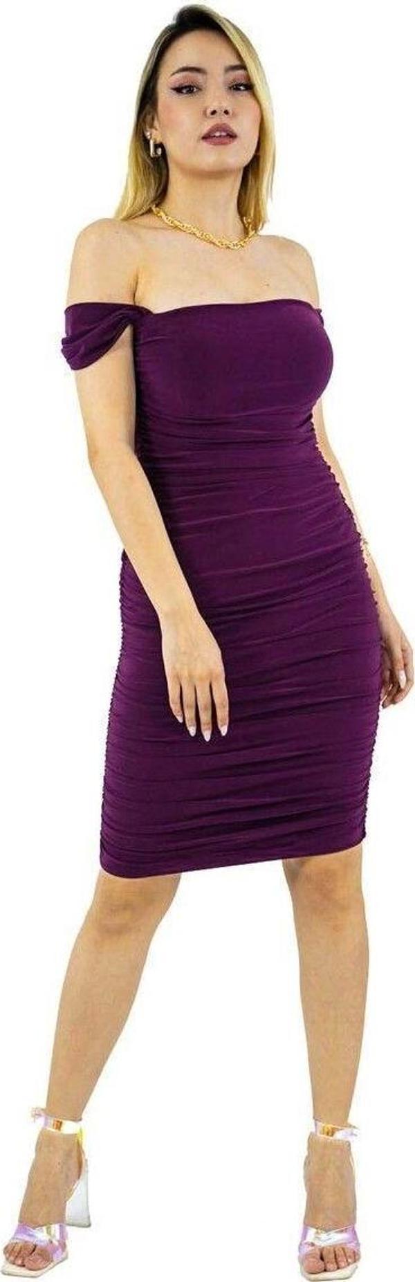 Kollu Midi Koyu Mor Toparlayıcı Etkili Drapeli Kadın Abiye Elbise Düğün Mezuniyet Özel Gün Kıyafeti - Image 1