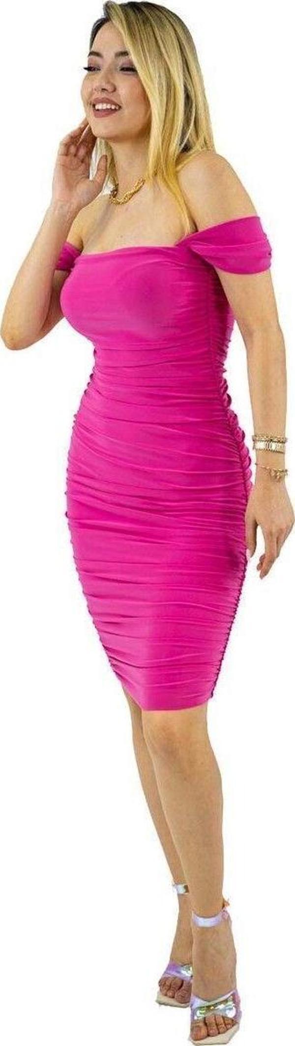 Fuşya Kollu Midi Toparlayıcı Etkili Drapeli Kadın Abiye Elbise Düğün Mezuniyet Özel Gün Kıyafeti - Image 1