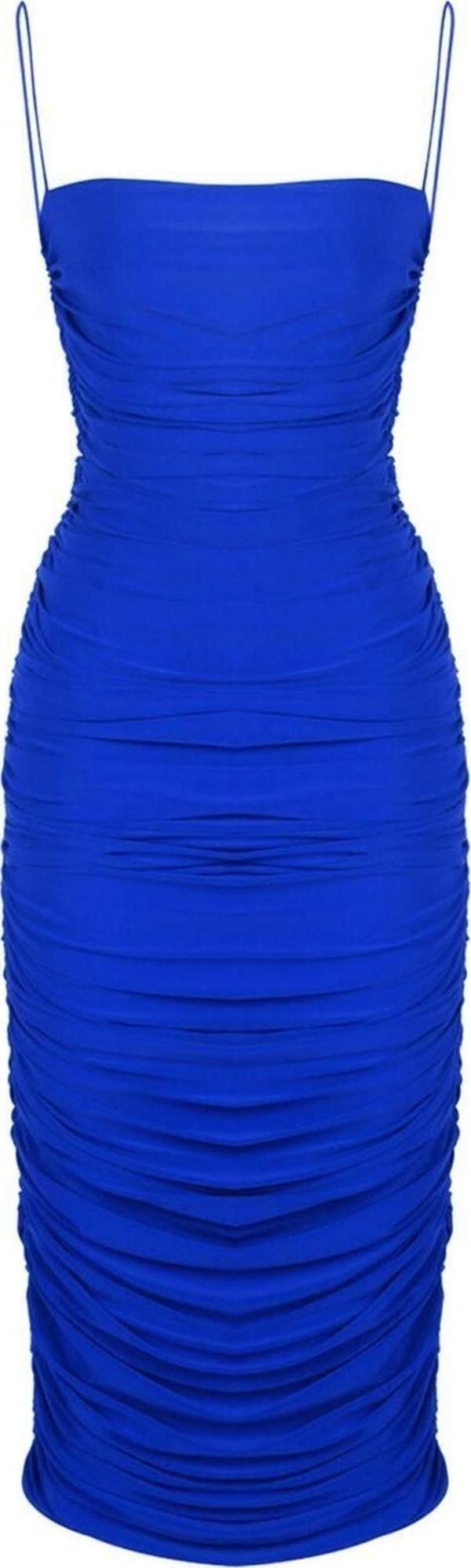 By Seven Sail Kadın Saks Mavi Askılı Degajeli Drapeli Midi Elbise - Image 1