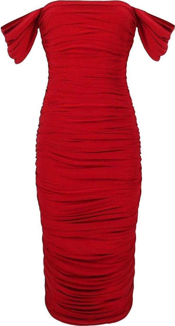Bss Kırmızı Drapeli Düşük Omuzlu Abiye Midi Elbise - Image 1