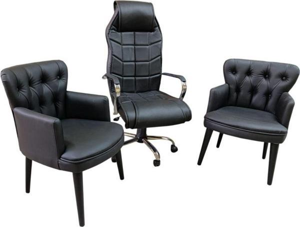 Garden House 4 Tekli Siyah Deri Berjer Ve Makam Koltuğu - Ofis, Bekleme, Kuaför Takımı - Image 1