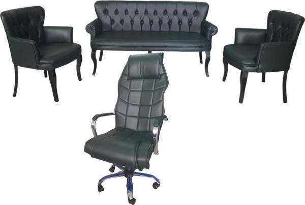 Garden House Ahşap Ayaklı Haki Yeşil Deri 3+1 +1 + Makam Koltuğu Ofis Koltuk Takımı Cafe Koltuğu 3'Lü Kanepe - Image 1