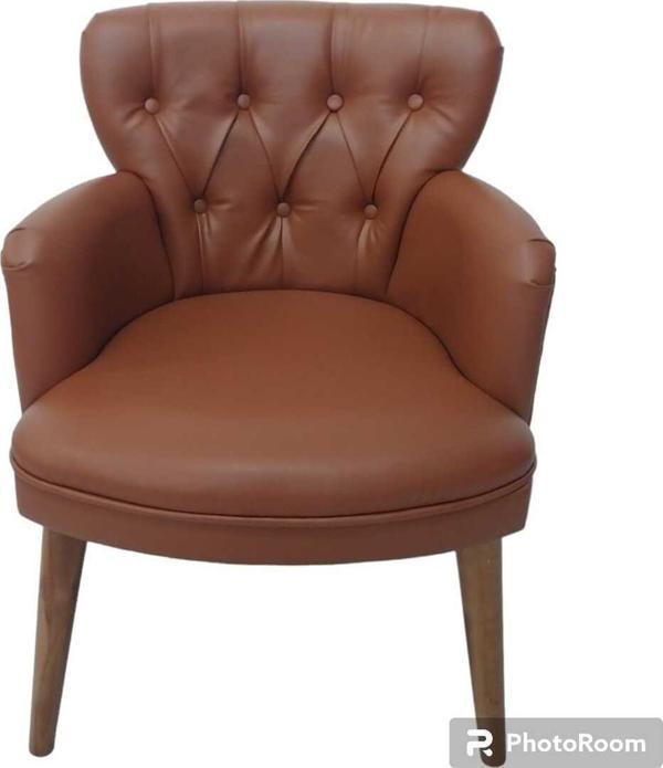 Garden House Tekli Taba Deri Ahşap Ayaklı Ofis Koltuğu Kafe Koltuğu Sandalye Berjer - Image 1