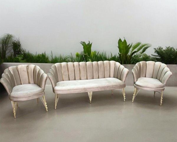 Garden House Vizon Kumaş Gold Metal Ayaklı Çay Seti Koltuk Takımı Balkon Büro Bekleme Ofis Koltuk Takımı 3 1 1 - Image 1