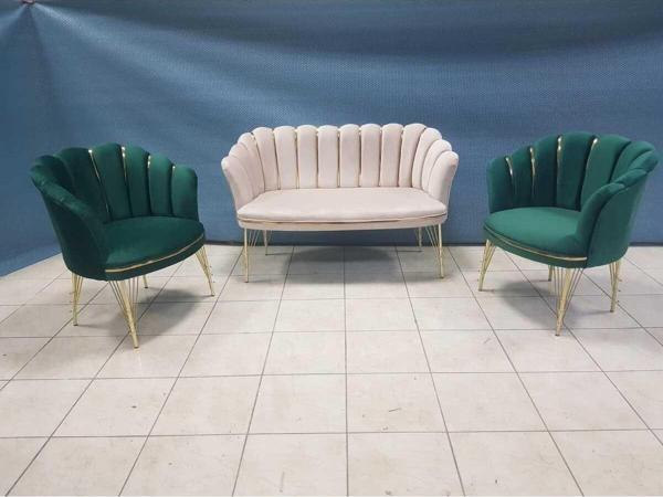 Garden House Yeşil Krem Renk Kumaş Metal Ayak Papatya Çay Seti Koltuk Takımı Bekleme - Ofis Koltuk Takımı - Image 1