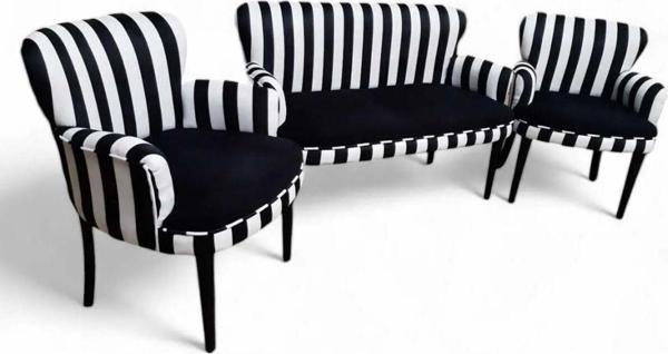 Garden House Zebra Siyah Kumaşlı Ahşap Beyaz Ayaklı Çay Seti Koltuk Takımı Ofis Koltuğu Bekleme Koltuğu - Image 1