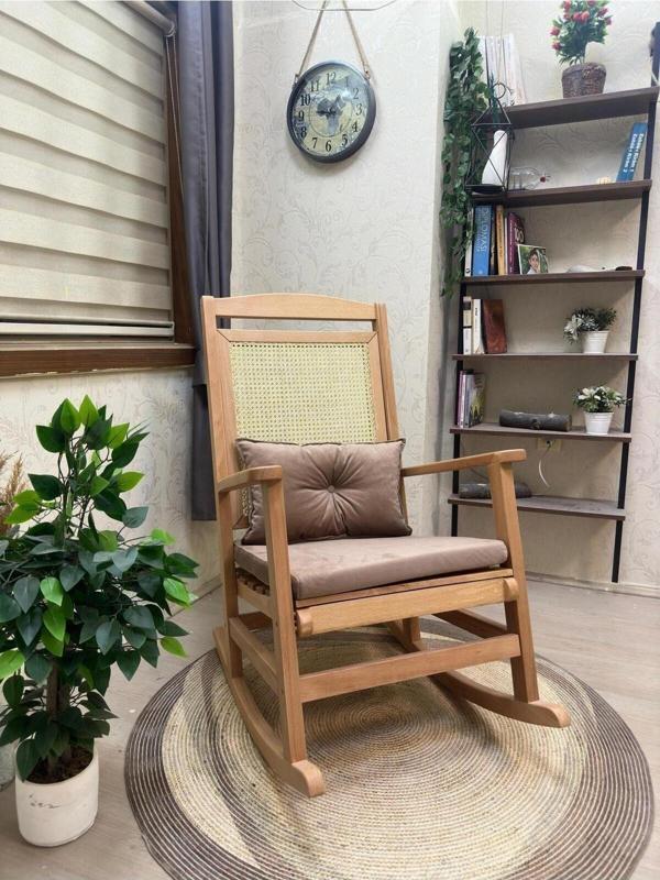 Asedia Veranda Naturel Kahve Minderli Hasırlı Sallanan Sandalye Hazeranlı Dinlenme Koltuğu - Image 1