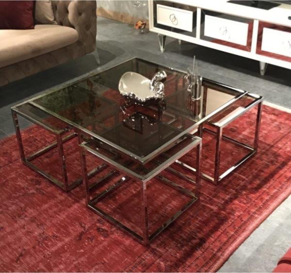 Onur Design Kante Metal Crom Kaplama Bronz Şeffaf Camlı Kare Orta Sehpa 4+1 92x92 cm - Image 1