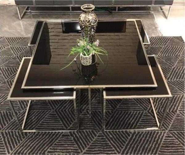 Onur Design Kante Metal Crom Kaplama Siyah Cam Orta Sehpa 4+1 92x92 cm - Image 1