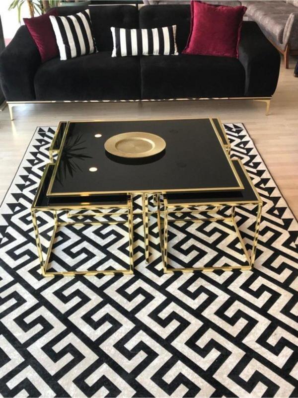 Onur Design Kante Metal Gold Kaplama Siyah Camlı Kare Orta Sehpa 4+1 92x92 cm - Image 1