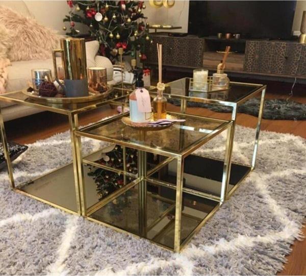 Onur Design Roma Metal Gold Kaplama Bronz Aynalı Orta Sehpa 92x92 cm - Image 1