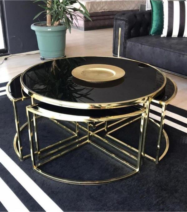 Onur Design Sosa Metal Gold Kaplama Siyah Camlı Yuvarlak Orta Sehpa 4+1 92x92 cm - Image 1