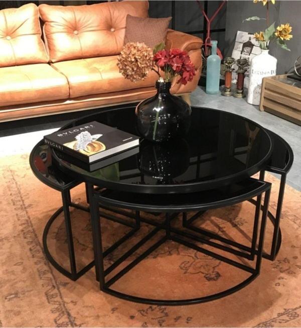 Onur Design Sosa Metal Yuvarlak Siyah Camlı Orta Sehpa 4 1 92x92 cm - Image 1