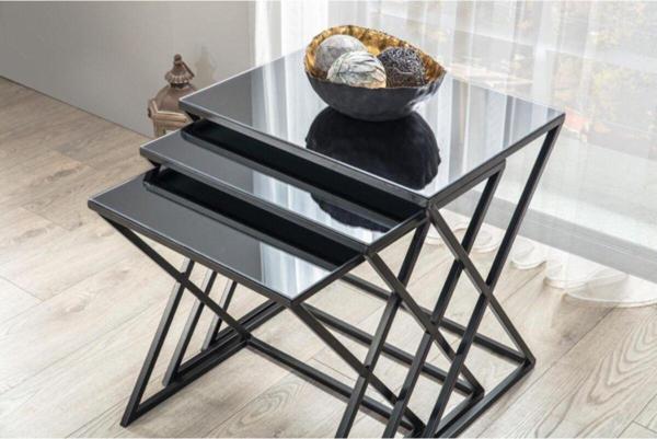 Onur Design Venedik Metal Siyah Ayak Siyah Cam 3 Lü Içiçe Geçen Zigon Sehpa - Image 1
