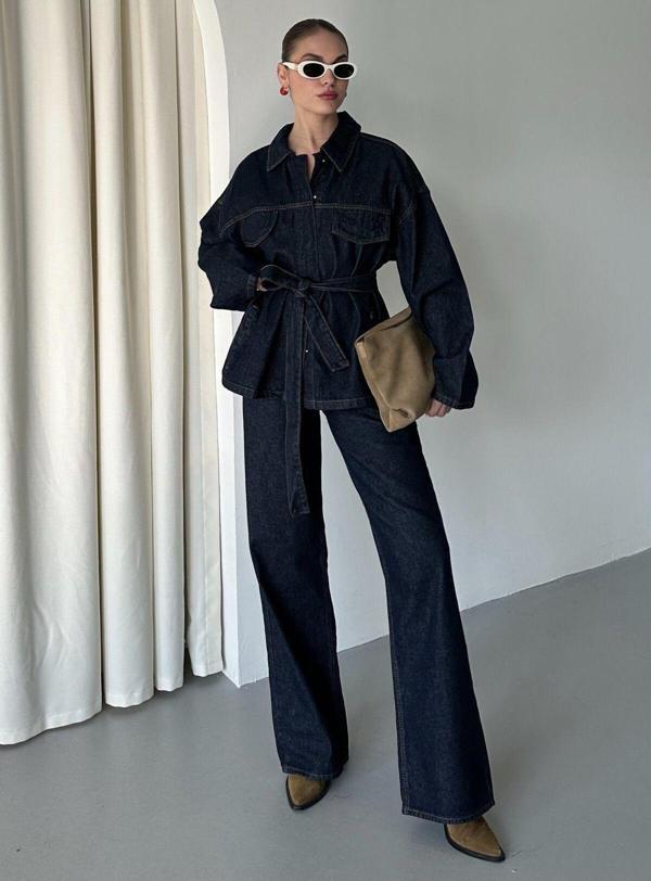 Laluvia Lacivert Bağlamalı Denim Ceket Pantolon Takım-240274/275 - Image 1