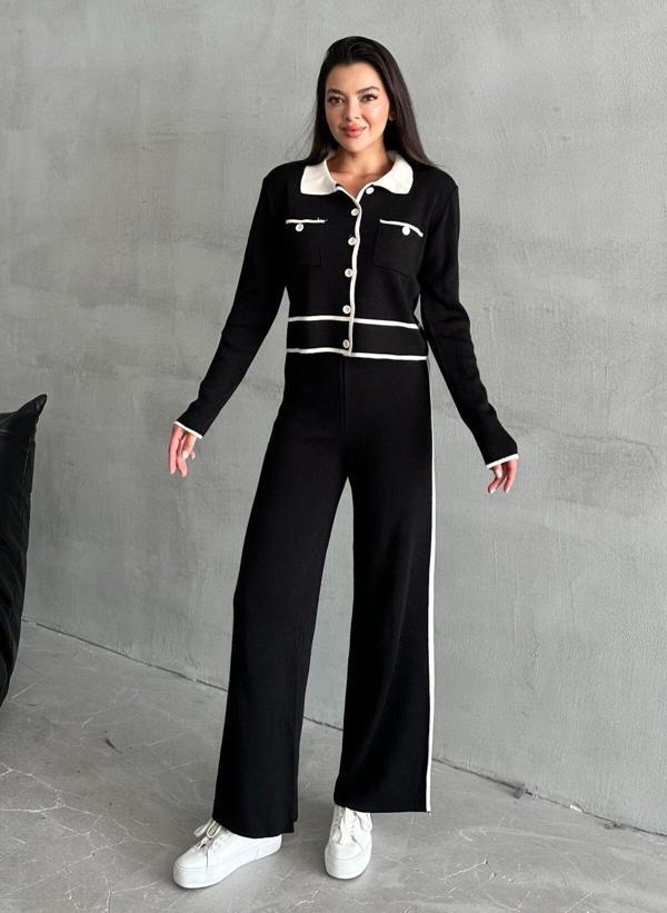 Laluvia Siyah Classy Polo Yaka Kontrast Şeritli Triko Takım - Image 1