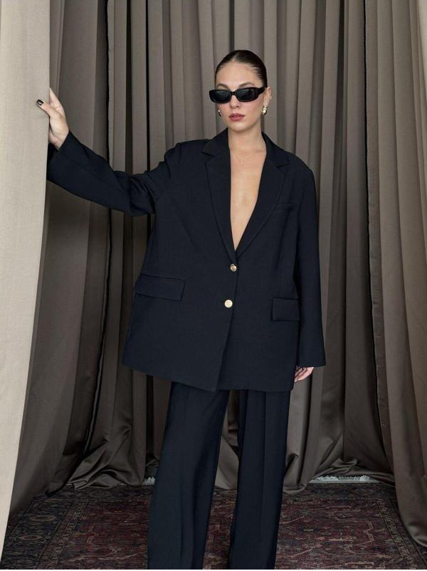 Laluvia Siyah Cosmopolitan Gold Düğmeli Blazer Ceket Pantolon Takım - 9418 - Image 1