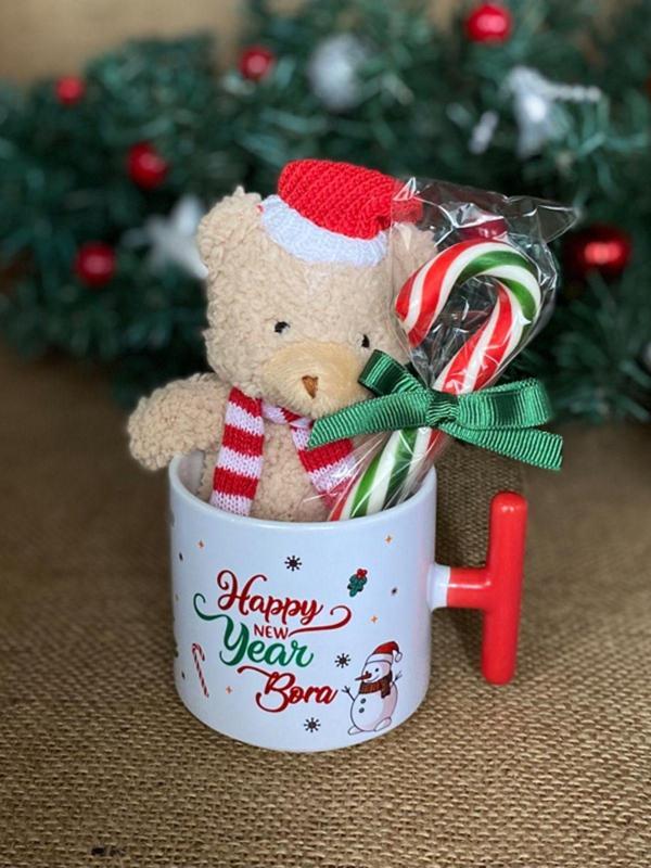 Hepsi Enteresan İsme Özel Ayıcıklı Ve Baston Şekerli Yeni Yıl Kupası, Kardan Adamlı T Kupa, Yılbaşı Hediyesi - Image 1