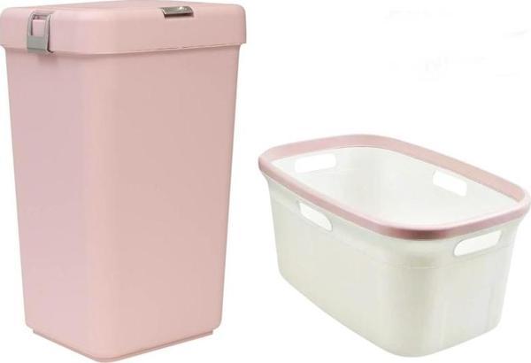 Geseus Motek Tekli 40 Lt Kirli Çamaşır Sepeti+Çamaşır Selesi Ikili Set, Çeyiz Seti Pudra - Image 1