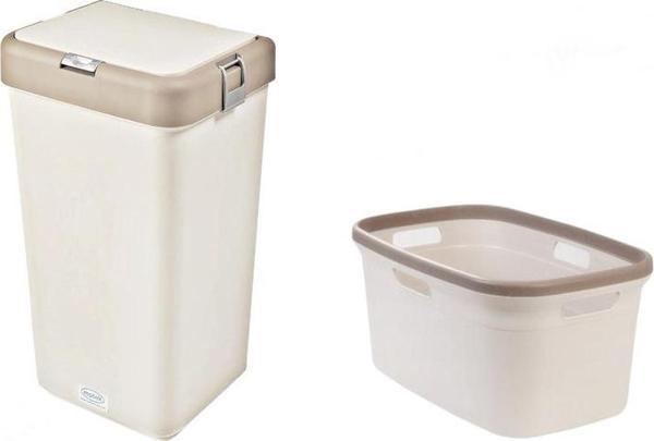 Geseus Motek Tekli 40 Lt Kirli Çamaşır Sepeti+Çamaşır Selesi Ikili Set, Çeyiz Seti Kahve+Krem - Image 1