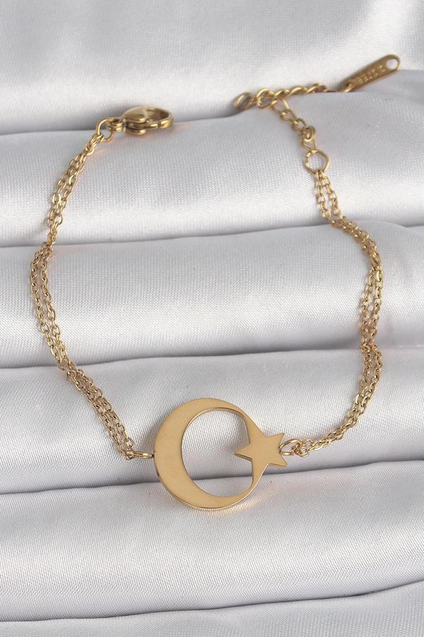 316L Çelik Gold Renk Ay Yıldız Model Kadın Bileklik - TJ-BB6661 - Image 1