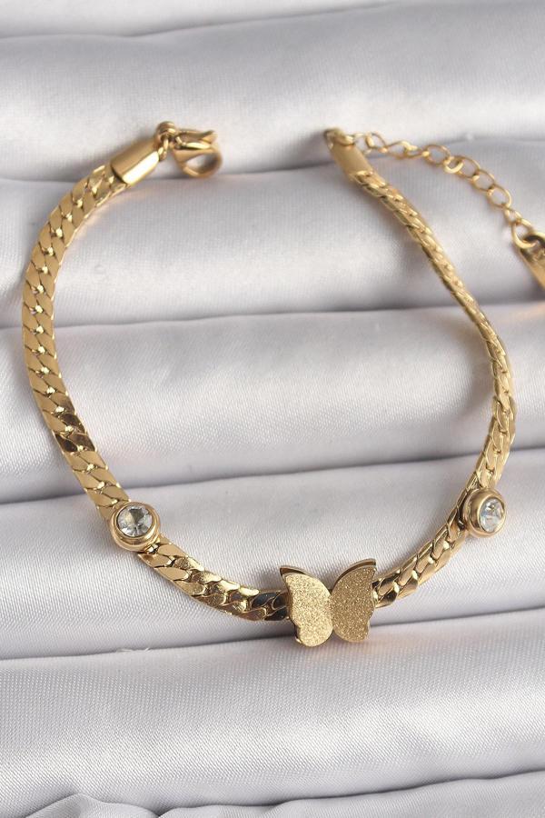 316L Çelik Gold Renk Yassı Zincir Zirkon Taşlı Simli Kelebek Figür Kadın Bileklik - TJ-BB6734 - Image 1