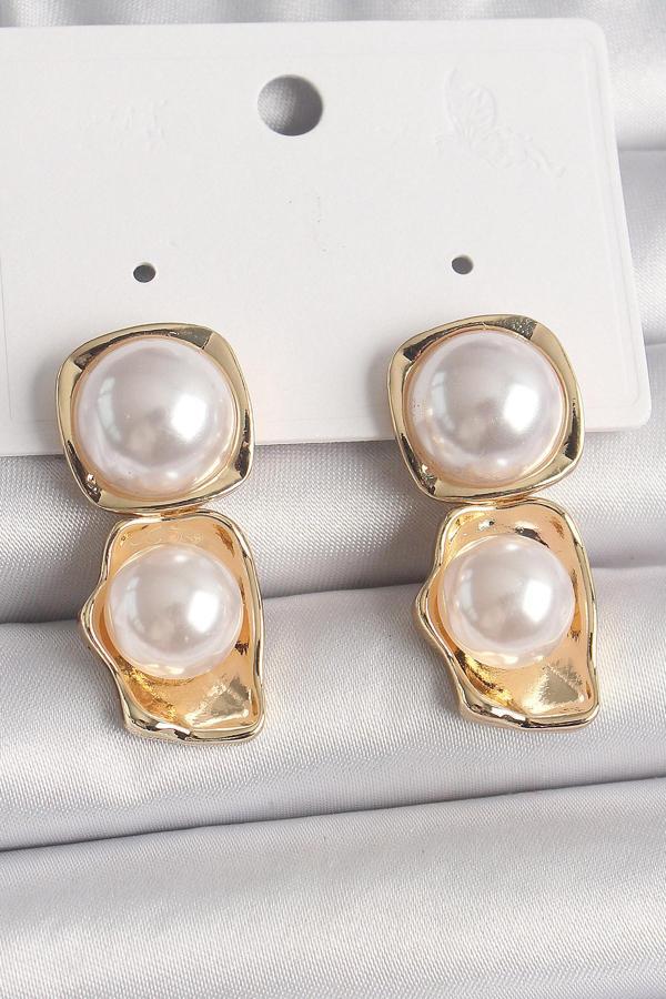 Pirinç Gold Renk İnci Kare Model Kadın Küpe - TJ-BKP10071 - Image 1