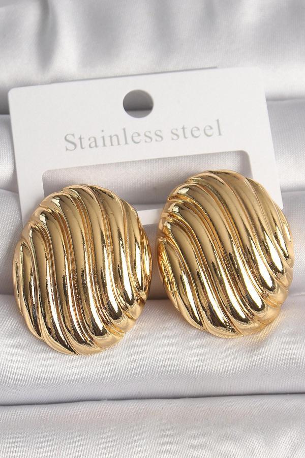 Pirinç Gold Renk İşlemeli Oval Model Kadın Küpe - TJ-BKP10151 - Image 1