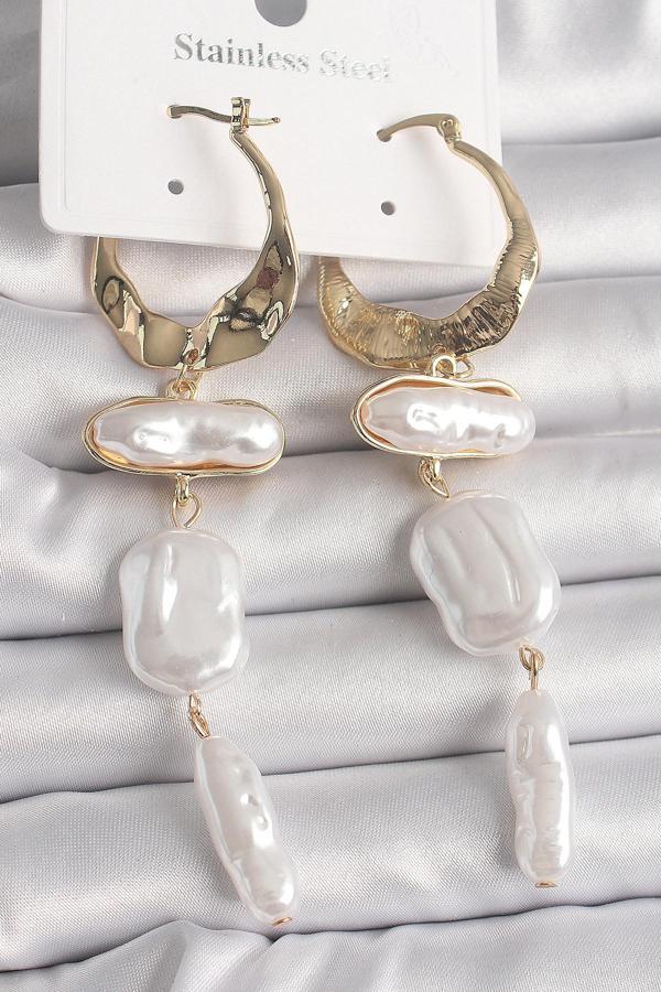 Pirinç Gold Renk Sallantı Ezme İnci Model Kadın Küpe - TJ-BKP10074 - Image 1