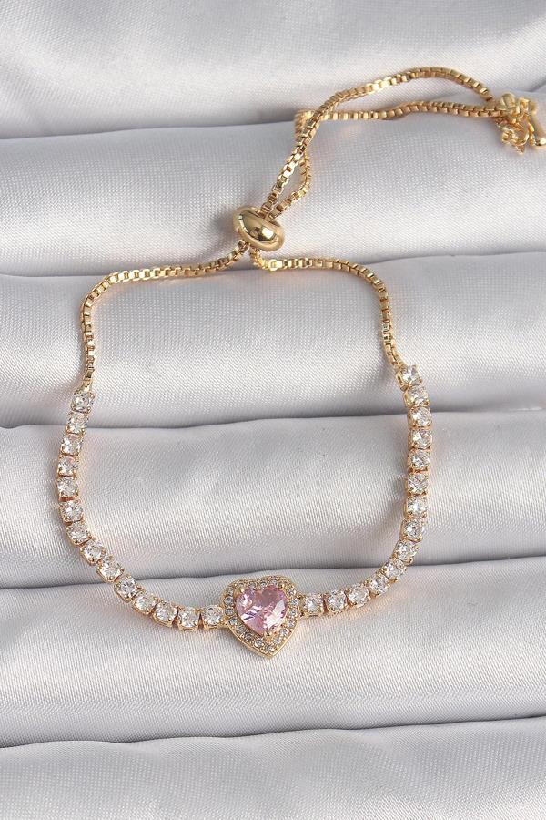 Pirinç Gold Renk Su Yolu Zirkon Taşlı Pembe Zirkon Taşlı Kalp Asansör Model Charm Kadın Bileklik - T - Image 1