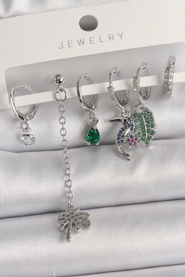 Pirinç Gümüş Renk Sallantı Zirkon Taşlı Ağaç Figür Çoklu Kadın Küpe Seti - TJ-BKP10119 - Image 1