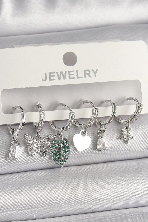 Pirinç Gümüş Renk Zirkon Taşlı Çoklu Figür Kadın Küpe Seti - TJ-BKP10097 - Image 1