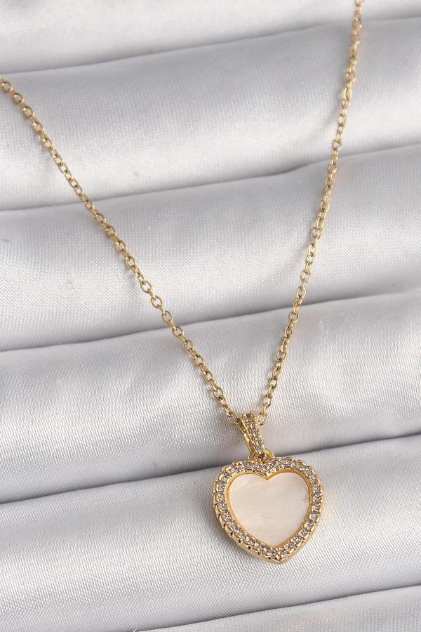 316L Çelik Gold Renk Zincir Zirkon Taşlı Beyaz Mineli Kalp Model Kadın Kolye - TJ-BKO9780 - Image 1